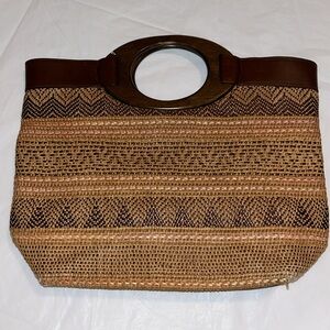 EUC Vintage Fossil Wooden Handle Woven Handbag